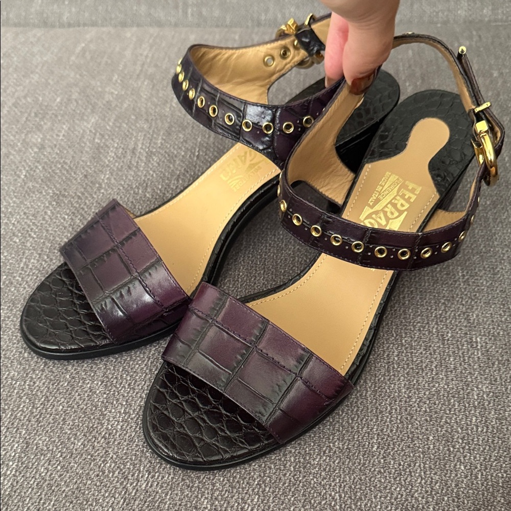 Salvatore Ferragamo Black and Purple Embossed Sandals - Picture 2 of 12